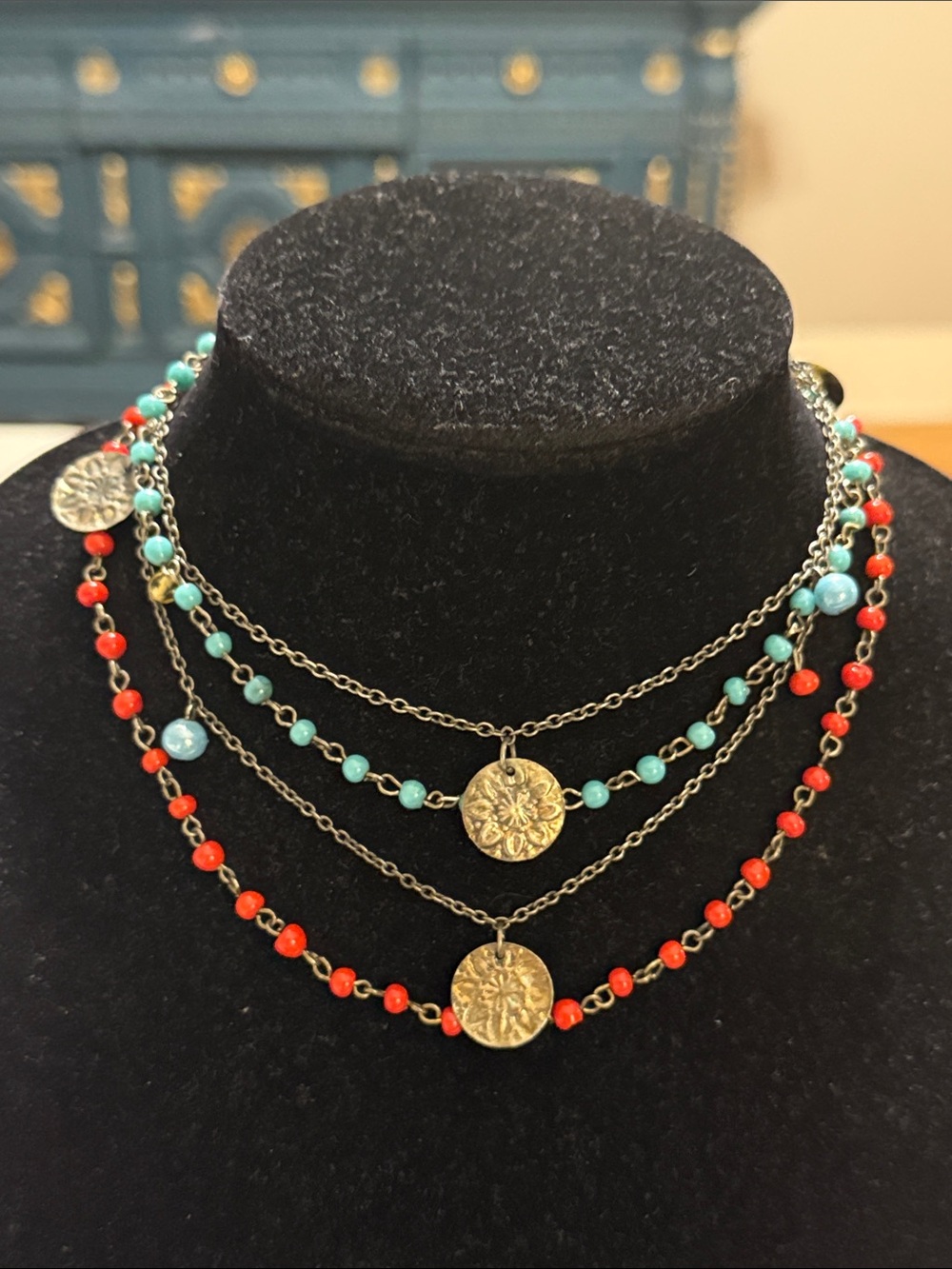 Vintage Southwestern Silver Tone Turquoise Blue Red Beaded Multi Layer Necklace